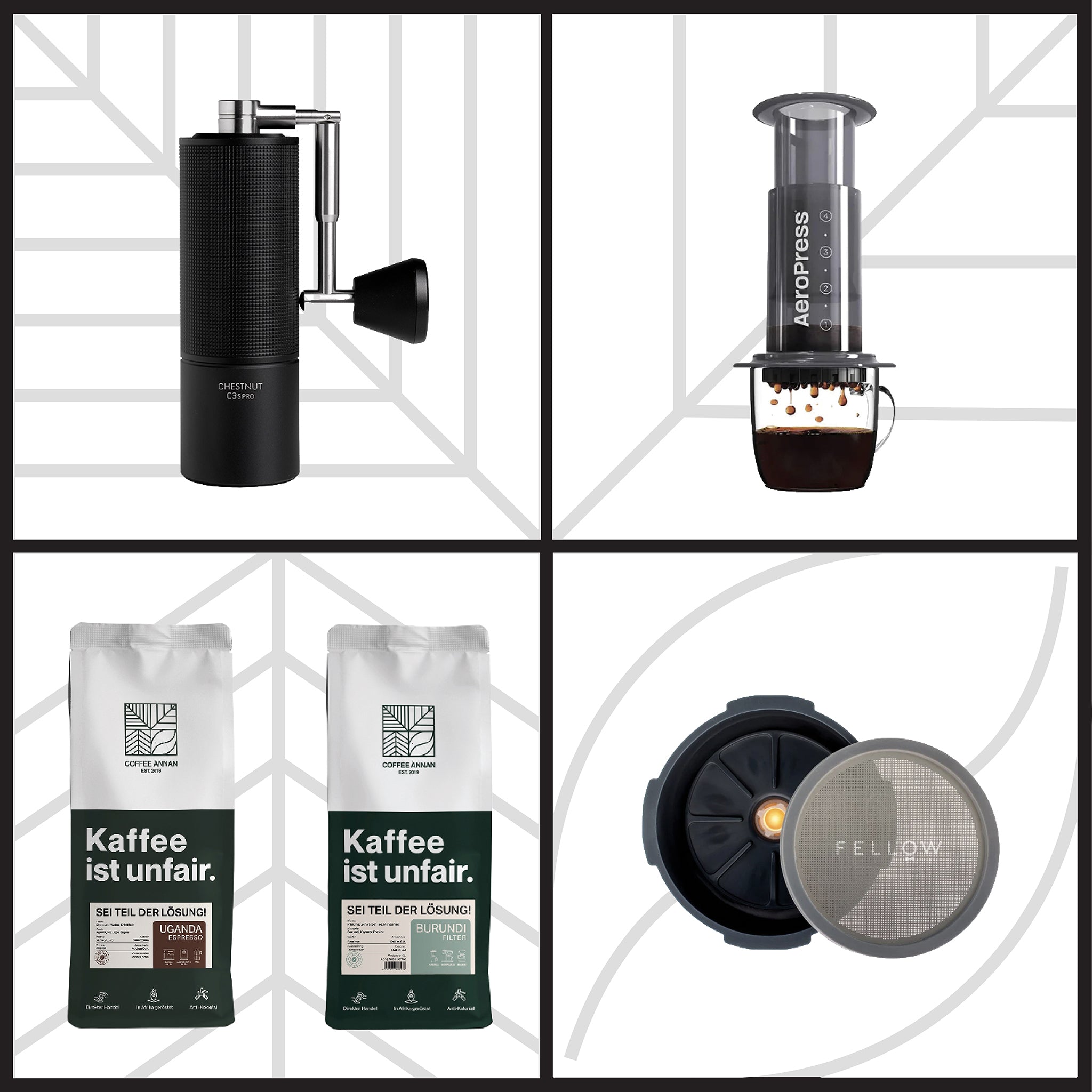 Aeropress, Fellow Prismo Wiederverwendbarer Filter, Timemore C3S Pro & Probierpaket (Small)