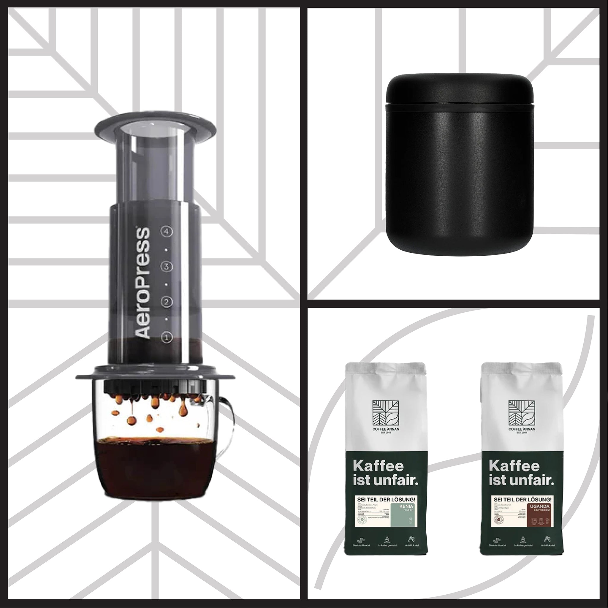 Fellow Atmos Canister 700ml Matte-Schwarz, Aeropress und Probierpaket (Small) - Dein Set für frischen Kaffeegenuss